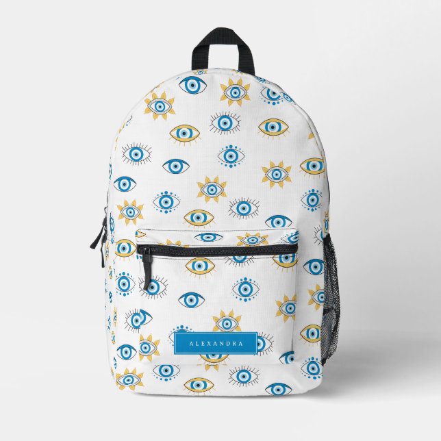 Blue, Gold & White Greek Eye Mati Pattern Printed Backpack (Front)