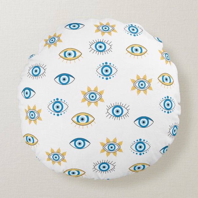 Blue, Gold & White Greek Eye Mati Pattern Round Cushion (Front)