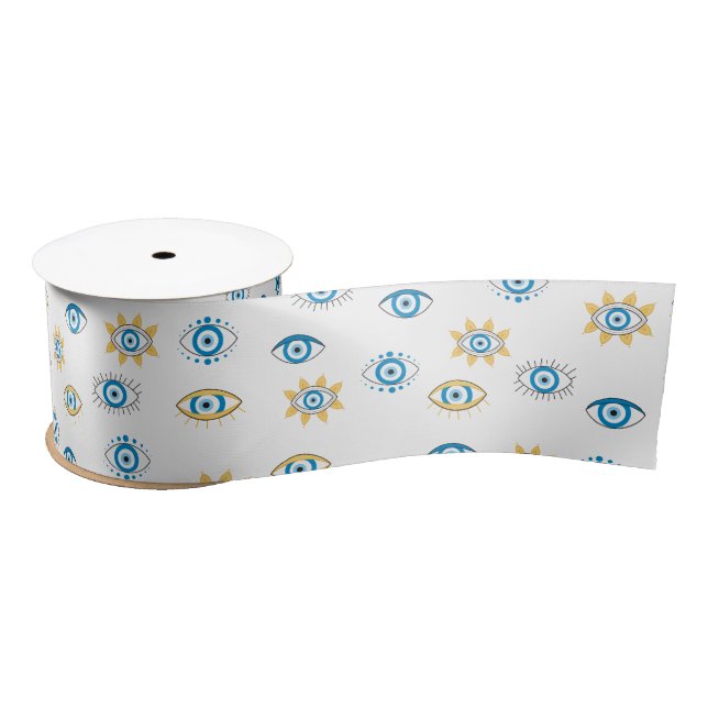 Blue, Gold & White Greek Eye Mati Pattern Satin Ribbon (Spool)