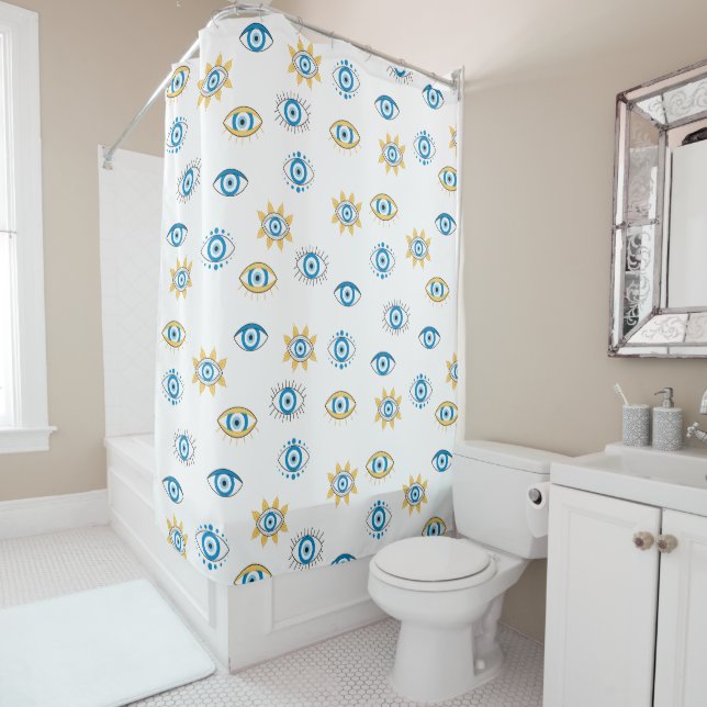 Blue, Gold & White Greek Eye Mati Pattern Shower Curtain (In Situ)