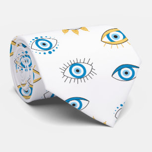 Blue, Gold & White Greek Eye Mati Pattern Tie