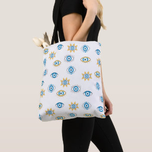 Blue, Gold & White Greek Eye Mati Pattern Tote Bag