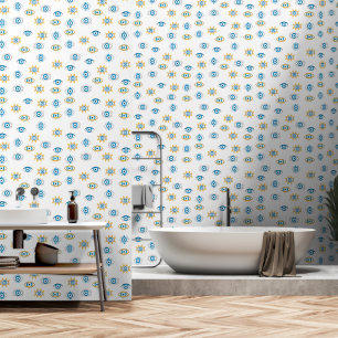 Blue, Gold & White Greek Eye Mati Pattern Wallpaper