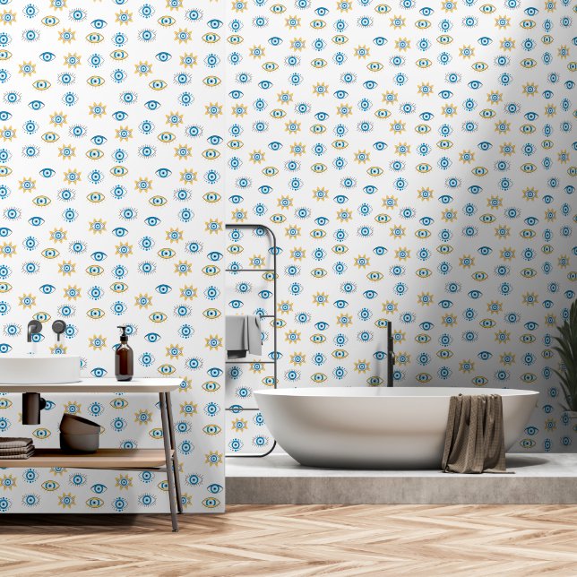 Blue, Gold & White Greek Eye Mati Pattern Wallpaper (Bathroom)