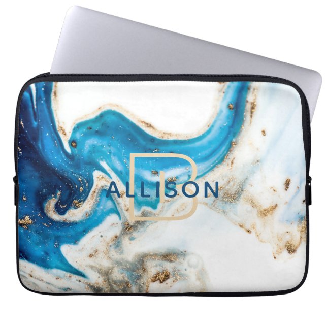 Blue Gold White Marble Abstract Art Monogram Laptop Sleeve (Front)