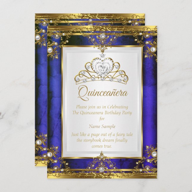 Blue Gold White Pearl Princess Quinceanera Invitation (Front/Back)