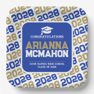 Blue, Gold & White Personalised Graduation Pape Paper Plate