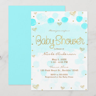 Blue Gold White Polka Dots & Hearts Baby Shower Invitation