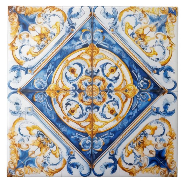 Blue Gold & White Talavera Azulejo Look Tile (Front)