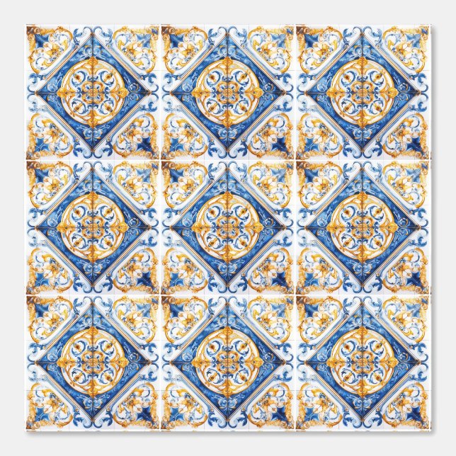 Blue Gold & White Talavera Azulejo Look Tile  Wallpaper (Front)