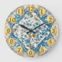 Blue Gold white Talavera Azulejo look Wall Clock