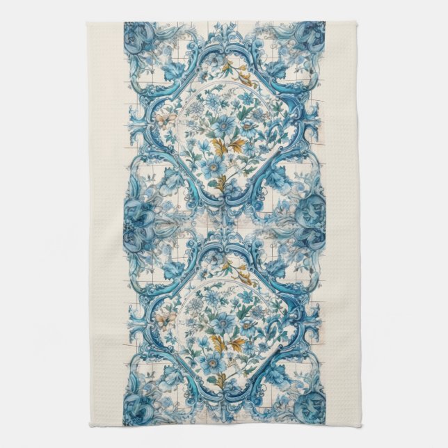 Blue Gold & White Talavera Azulejo Tile Look 3 Tea Towel (Vertical)
