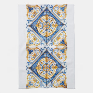 Blue Gold & White Talavera Azulejo Tile Look Tea Towel