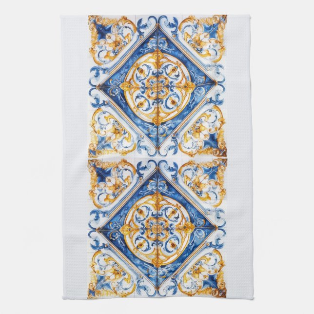 Blue Gold & White Talavera Azulejo Tile Look Tea Towel (Vertical)
