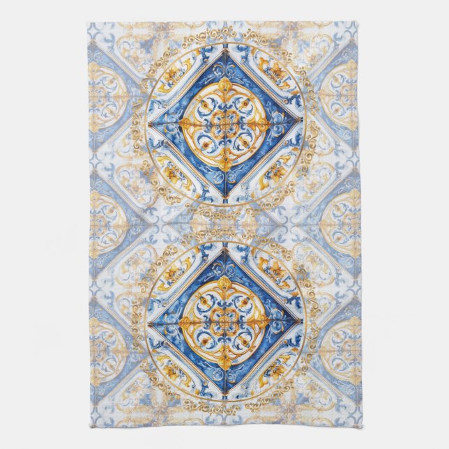 Blue Gold & White Talavera Azulejo Tile Look Tea Towel (Vertical)