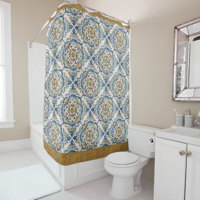Blue Gold White Vietri Talavera Azulejo look Tile Shower Curtain (In Situ)