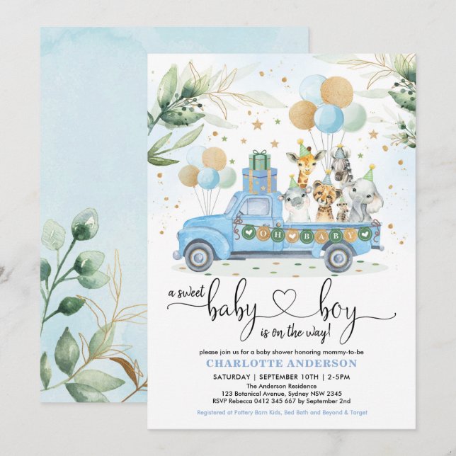 Blue Gold Wild Jungle Animal Sweet Baby Boy Shower Invitation (Front/Back)