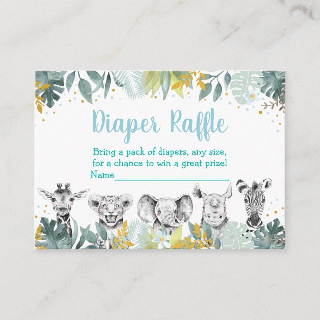 Blue Gold Wild One Safari Baby Diaper Raffle Enclosure Card (Front)