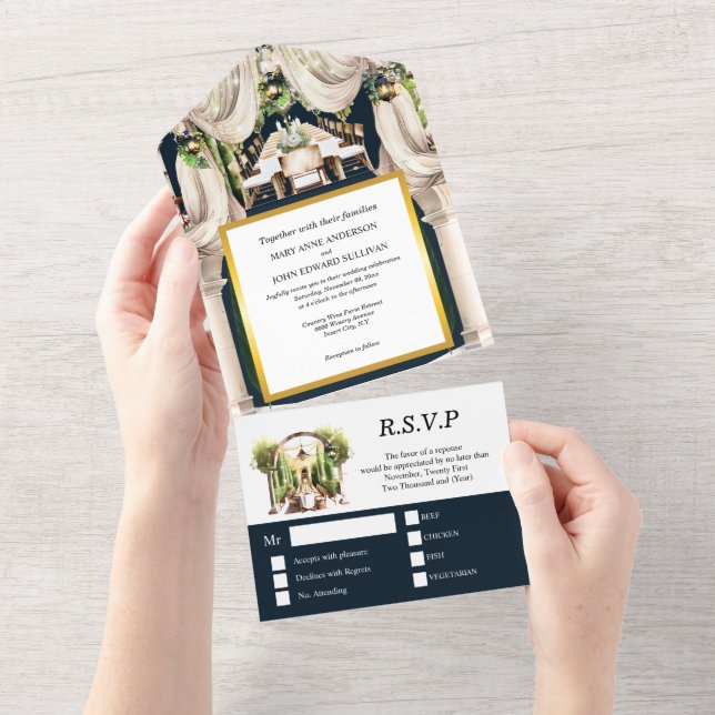 Blue gold winery Tuscan vineyard al fresco table All In One Invitation (Tearaway)