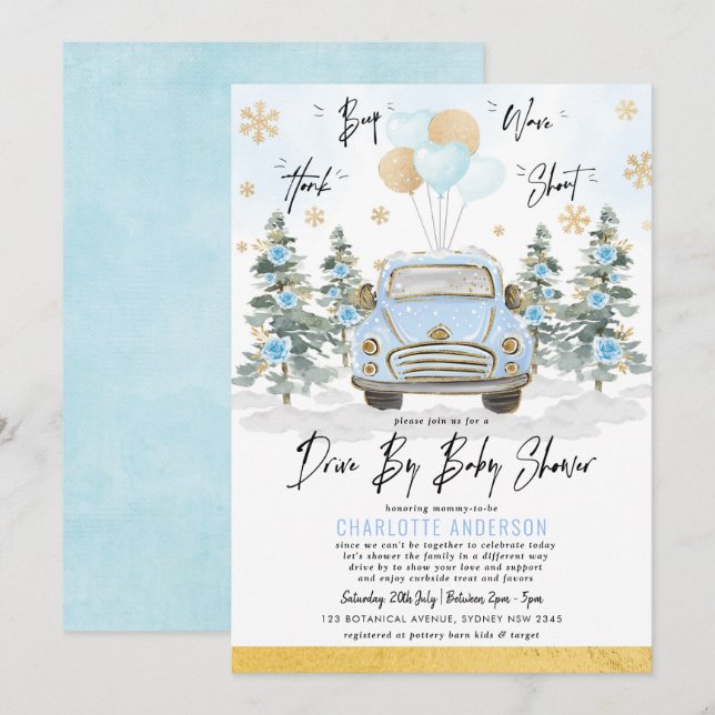 Blue Gold Winter Drive Thru Baby Boy Shower Invitation (Front/Back)