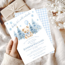Blue Gold Winter Trees Teddy Bear  Baby Boy Shower