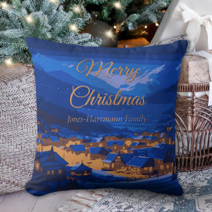 Blue Gold Winter Village Family Christmas  Cushion
