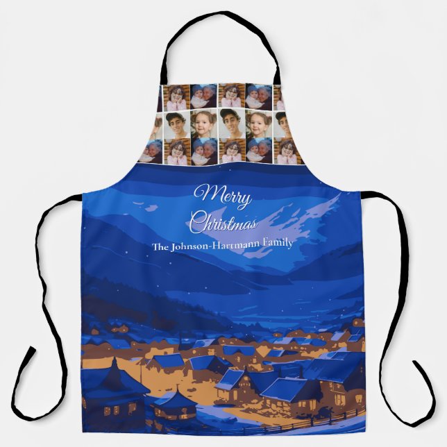 Blue Gold Winter Village Family Christmas Photo Apron (Front)