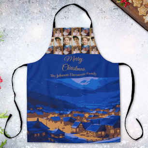 Blue Gold Winter Village Family Christmas Photo Apron