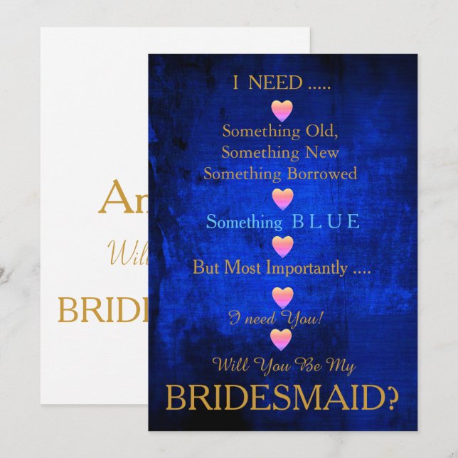 Blue & Gold with Heart Will You Be my Bridesmaid I Invitation (Front/Back)