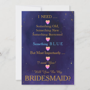 Blue & Gold with Heart Will You Be my Bridesmaid I Invitation
