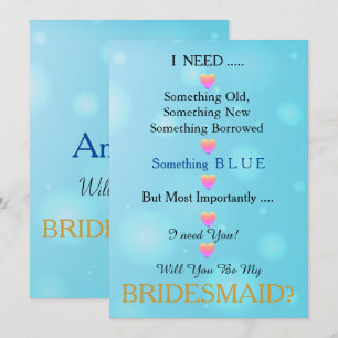 Blue & Gold with Heart Will You Be my Bridesmaid Invitation