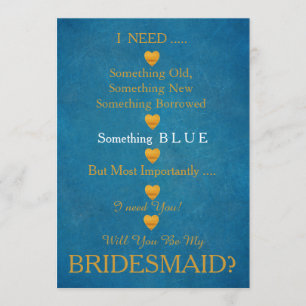 Blue & Gold with Heart Will You Be my Bridesmaid Invitation