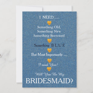 Blue & Gold with Heart Will You Be my Bridesmaid Invitation
