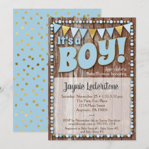 Blue Gold Wood It's A Boy Baby Shower Invitation