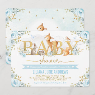 Blue Gold Woodland Boy Baby Shower Forest Animals Invitation