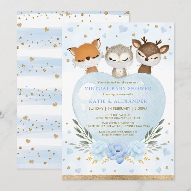 Blue Gold Woodland Sweetheart Virtual Baby Shower Invitation (Front/Back)
