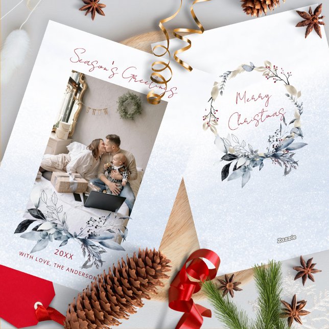 Blue Gold Wreath Couple Family One Photo Christmas Holiday Card (Creator Uploaded)