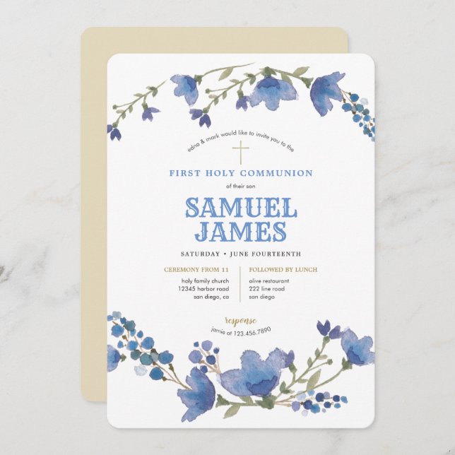 Blue Gold Wreath Holy First Communion Invitation (Front/Back)