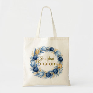 Blue Gold Wreath, Shabbat Shalom Watercolor Glam Tote Bag