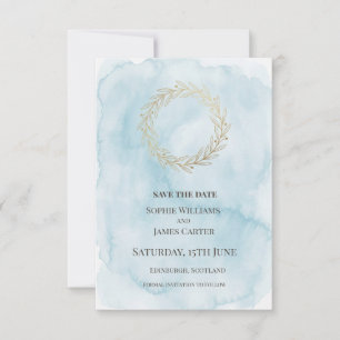 Blue Gold Wreath Wedding Save The Date