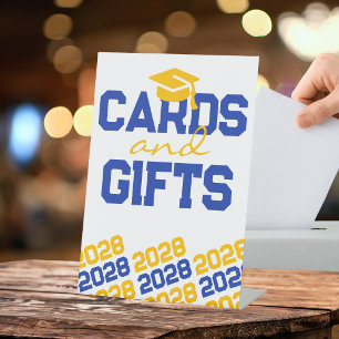 Blue & Gold Yellow Cards & Gifts Graduation Table Pedestal Sign