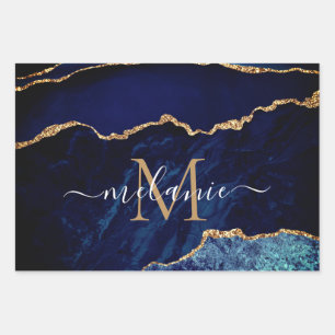 Blue Gold Your Name Letter Wrapping Paper Sheets