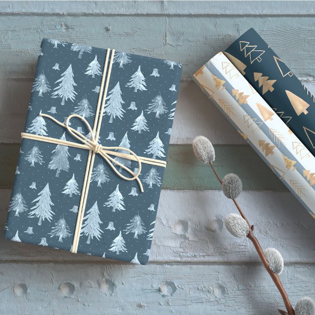 Blue Golden Christmas Tree Holiday  Wrapping Paper Sheet (Creator Uploaded)