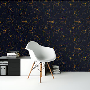 Blue Golden Daisy Floral Botanical Pattern Wallpaper