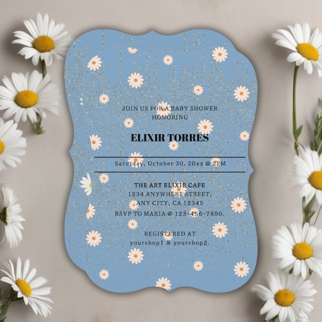 Blue Golden Daisy Glitter Glow Baby Shower Invitation (Creator Uploaded)