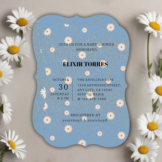Blue Golden Daisy Glitter Glow Baby Shower Invitation (Creator Uploaded)
