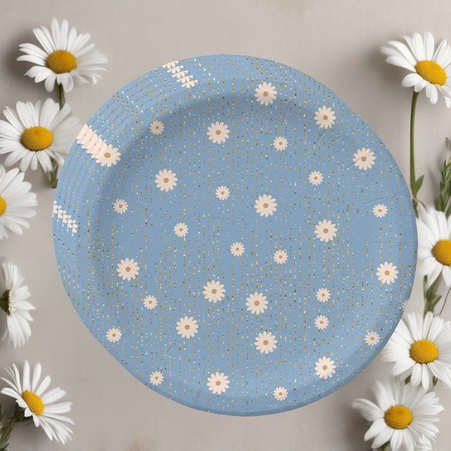 Blue Golden Daisy Glitter Glow Baby Shower Paper Plate (Creator Uploaded)