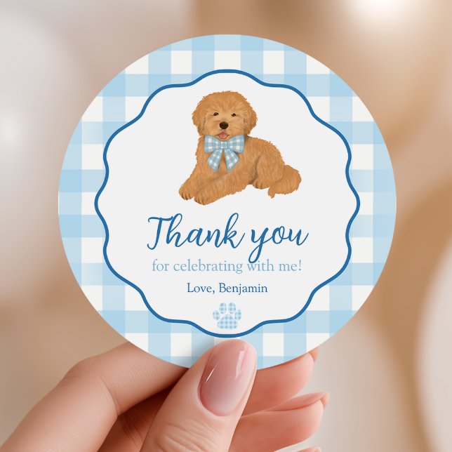 Blue Golden Doodle Puppy Pawty Birthday Favor Classic Round Sticker (Creator Uploaded)