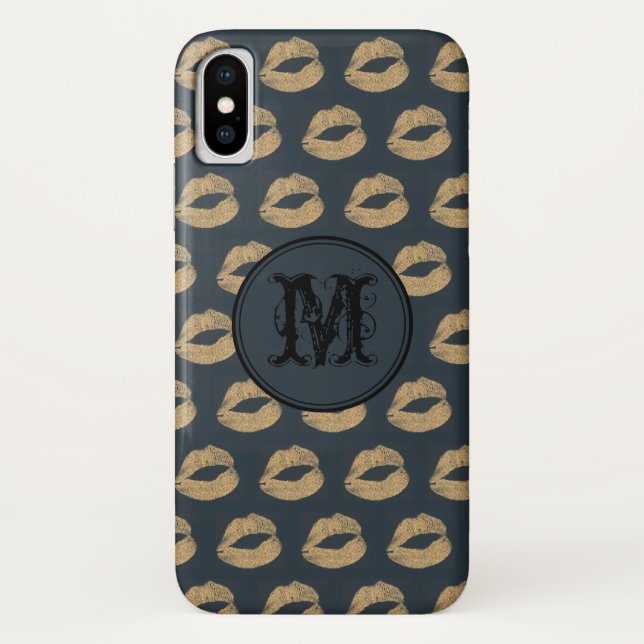 Blue golden lips Gothic Personalised Monogram Case-Mate iPhone Case (Back)