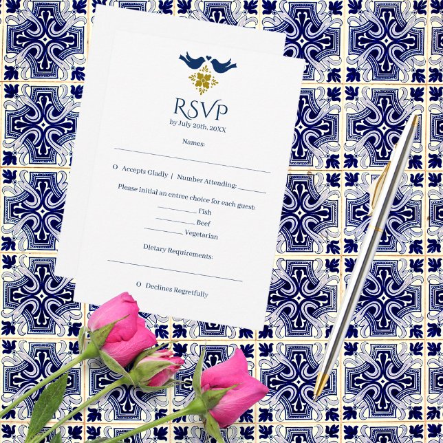 Blue & Golden Lovebirds Mexican Wedding RSVP Card (Creator Uploaded)